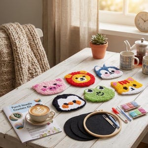 May include: A punch needle coaster kit featuring six finished animal-shaped coasters including a pig, lion, husky, penguin, frog, and cat. The kit includes a wooden embroidery hoop, black fabric circles, colorful yarn skeins, a needle tool, and an instruction booklet.