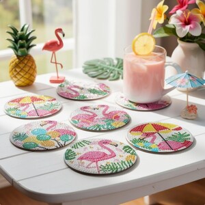 8Pc/Set DIY Flamingo Diamond Painting Coaster Kit | Pink Flamingo Flower Diamond Art Coasters with Holder | Tropical Home Decor Gift