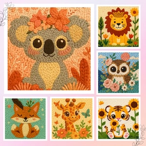 May include: A collection of six colorful, handmade animal portraits. The portraits include a koala, lion, owl, fox, giraffe, and tiger. Each animal is surrounded by flowers and foliage, with a textured, stitched appearance.