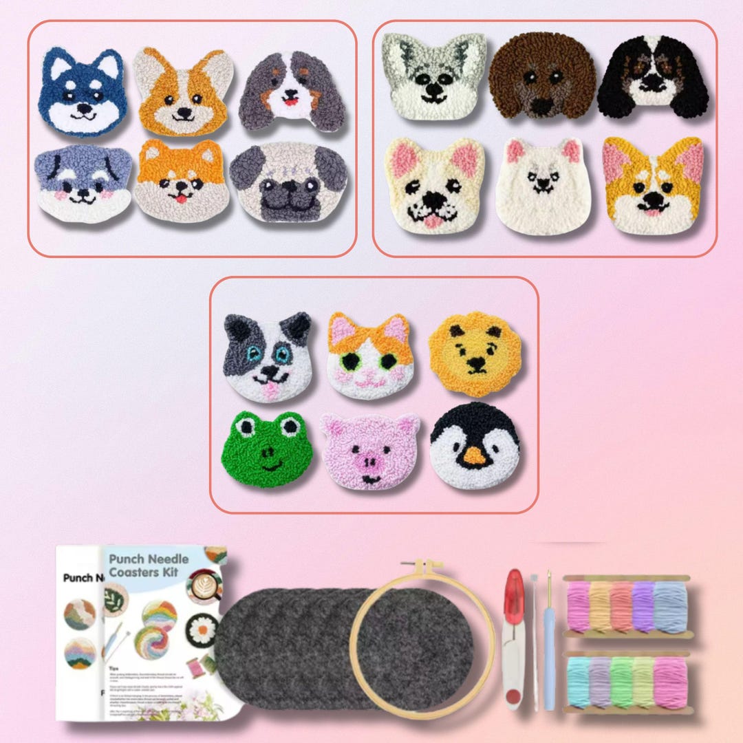 6 Pcs/set DIY Cat Pig Dog Punch Needle Kit for Coasters | Punch Needle ...