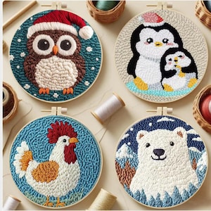 May include: Four round, embroidered wall hangings. One features an owl wearing a Santa hat, another shows penguins, a rooster, and a polar bear. Each is in a wooden hoop with a textured, colorful design.