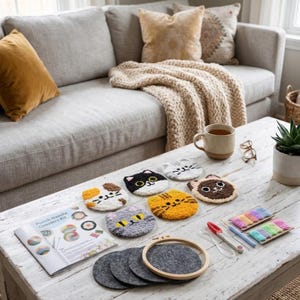 May include: A punch needle coaster kit featuring several finished cat-shaped coasters with textured yarn designs, a printed instruction booklet, a wooden embroidery hoop, grey felt backing circles, a needle tool, and assorted colorful embroidery floss.