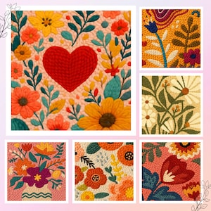 May include: A collection of six square images featuring colorful floral designs. The images showcase various flowers, including sunflowers, daisies, and tulips, with a prominent red heart in one image. The color palette includes orange, yellow, red, and teal.