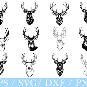 Könnte beinhalten: Eine Sammlung von schwarz-weißen Hirschkopf-Illustrationen mit verschiedenen Geweihdesigns. Die Bilder sind im Vektorformat und eignen sich für digitale Kunstprojekte. Unten steht der Text "EPS / SVG / DXF / PNG".