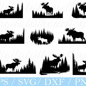 Peut inclure: Plusieurs motifs noirs de silhouettes de wapitis et de pins. Chaque motif présente un élan dans un cadre forestier, avec des compositions et des formes variées. L'image comprend du texte en bas indiquant les formats de fichiers.