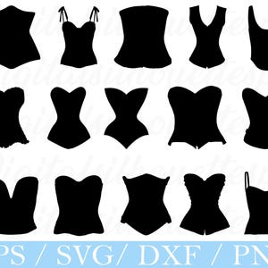 Könnte beinhalten: Eine Sammlung schwarzer Korsett-Silhouetten in verschiedenen Stilen. Das Bild zeigt eine Vielzahl von Designs, darunter trägerlos, V-Ausschnitt und solche mit Trägern. Der untere Teil des Bildes zeigt den Text "EPS / SVG / DXF / PNG".