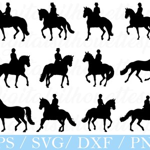 Op de afbeelding: Zwarte silhouetten van paarden en ruiters in verschillende dressuurposities. De ruiters dragen hoeden en helmen. De afbeelding bevat de tekst "EPS / SVG / DXF / PNG" onderaan, die bestandsformaten aangeeft.