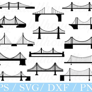 May include: A collection of black bridge silhouettes in various designs. The bridges include suspension, cable-stayed, and arch bridge styles. The image also includes the text "EPS / SVG / DXF / PNG" at the bottom.
