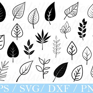 May include: A selection of black and white leaf illustrations in diverse forms. Some leaves are solid black, others feature intricate vein patterns. The image includes the text "EPS / SVG / DXF / PNG" in a blue banner.