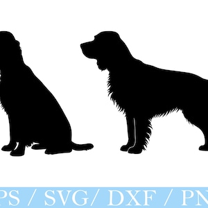 Könnte beinhalten: Schwarze Silhouette eines Hundes in zwei Posen: sitzend und stehend. Der Hund hat ein flauschiges Fell und lange, hängende Ohren. Das Bild befindet sich auf weißem Hintergrund. Darunter steht der Text "EPS / SVG / DXF / PNG".