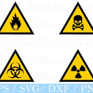 May include: Four hazard warning signs in black and yellow. The signs include a flame, a skull and crossbones, a biohazard symbol, and a radiation symbol. The text "EPS / SVG / DXF / PNG" is at the bottom.