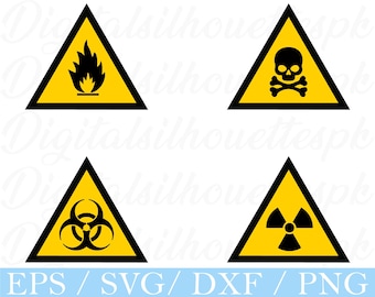 May include: Four hazard warning signs in black and yellow. The signs include a flame, a skull and crossbones, a biohazard symbol, and a radiation symbol. The text "EPS / SVG / DXF / PNG" is at the bottom.