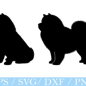 May include: Two black silhouette images of a Chow Chow dog. One shows the dog sitting, the other standing. The dog's fluffy fur and distinctive features are clearly visible. The bottom of the image has the text "EPS / SVG / DXF / PNG".