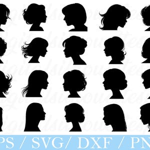 May include: A collection of black silhouette portraits of women with various hairstyles. The images are in profile, showcasing different hair lengths and styles, from short bobs to long, flowing locks. The bottom of the image includes the text "EPS / SVG / DXF / PNG".