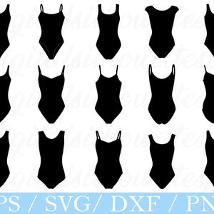 以下が含まれることがあります： さまざまなスタイルの黒いワンピース水着のコレクション。ホルターネック、スパゲッティストラップ、ラウンドネックのデザインが含まれています。画像には複数の水着のシルエットがあり、デジタルデザインプロジェクトに最適です。下部のテキストは「EPS / SVG / DXF / PNG」です。