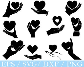 Hand met hart silhouet: SVG-, PNG-, DXF-bestanden (digitale download)