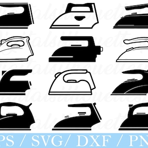 May include: A collection of nine black and white iron illustrations in various styles. The irons are depicted in a flat, graphic design, suitable for digital crafting projects. The image includes the text "EPS / SVG / DXF / PNG".