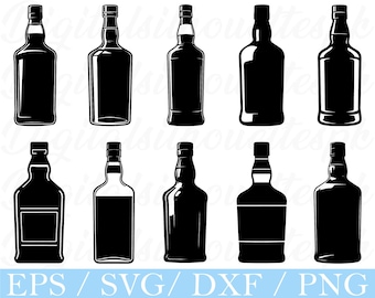 May include: A collection of ten black and white bottle illustrations in various shapes and sizes. The bottles have detailed caps and labels, perfect for digital design projects. The bottom of the image displays the text "EPS / SVG / DXF / PNG".