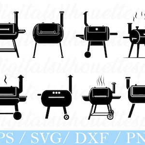 May include: Black silhouette illustrations of various barbecue grills and smokers. Designs include different shapes, sizes, and features, such as wheels, chimneys, and cooking surfaces. The image also includes the text "EPS / SVG / DXF / PNG".