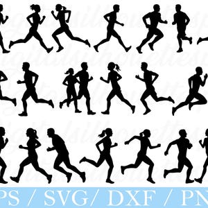 May include: Black silhouette illustrations of runners in various poses. The image features multiple figures of men and women in motion, with a focus on running and athletic activity. The bottom of the image includes the text "EPS / SVG / DXF / PNG".