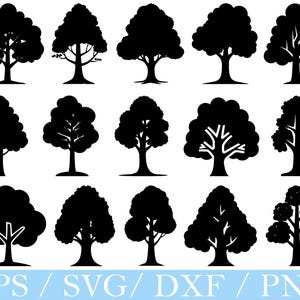 May include: A collection of black tree silhouettes in various shapes and sizes. The trees have detailed branches and foliage, with a white background. The bottom of the image displays the text "EPS / SVG / DXF / PNG".
