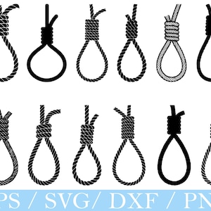 May include: Ten black and white illustrations of nooses. The designs feature different knot styles and rope textures. The bottom of the image has the text "EPS / SVG / DXF / PNG" in a light blue box.