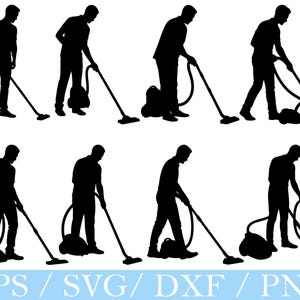 May include: Black silhouette illustrations of a person vacuuming. The person is shown in various poses, using a vacuum cleaner. The image includes the text "EPS / SVG / DXF / PNG" at the bottom, indicating file formats.