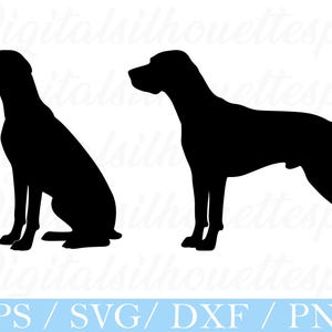 Könnte beinhalten: Schwarze Silhouette eines Hundes in zwei Posen: sitzend und stehend. Der Hund blickt in beiden Posen nach links. Das Bild enthält den Text "EPS / SVG / DXF / PNG" in einem blauen Banner unten.