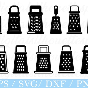 May include: A collection of black silhouette images of various kitchen graters. The graters have different shapes and sizes, with various grating surfaces. The image includes the text "EPS / SVG / DXF / PNG" at the bottom.