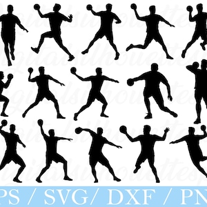Puede incluir: Un conjunto de siluetas negras de jugadores de balonmano en acción. Las figuras se muestran en varias poses, lanzando o atrapando un balón. La imagen incluye el texto "EPS / SVG / DXF / PNG" en la parte inferior.