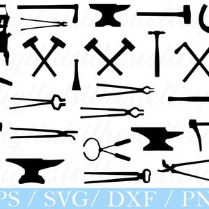 May include: Black silhouette illustrations of blacksmith tools, including hammers, tongs, anvils, and a horseshoe. The image also includes a silhouette of a blacksmith. Text at the bottom reads "EPS / SVG / DXF / PNG".