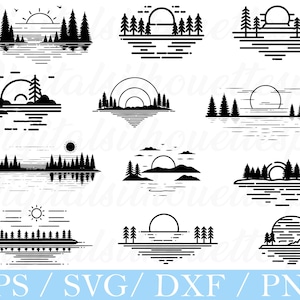 May include: A selection of black and white landscape designs depicting trees, suns, and water. The designs showcase diverse scenes of forests, sunsets, and bodies of water. The text at the bottom reads "EPS / SVG / DXF / PNG".