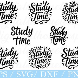Op de afbeelding: Een verzameling zwarte "Study Time" ontwerpen in verschillende decoratieve stijlen. De tekst is in een cursief lettertype, met bloemen- en wervelaccenten. De onderkant van de afbeelding bevat de tekst "EPS / SVG / DXF / PNG".
