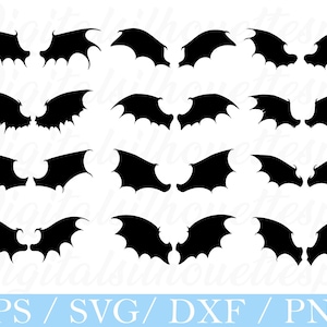 May include: A collection of black bat wing silhouettes in various sizes and orientations. The image features multiple pairs and single wings, perfect for Halloween or gothic-themed crafts. The bottom of the image displays the text "EPS / SVG / DXF / PNG".