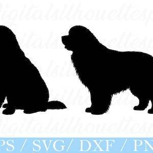 Puede incluir: Dos imágenes de silueta negra de un perro de Terranova. Una muestra al perro sentado y la otra al perro de pie. La imagen tiene el texto "EPS / SVG / DXF / PNG" en una barra azul en la parte inferior.