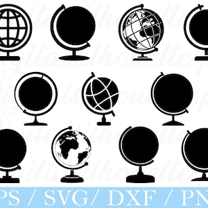May include: A collection of black and white globe illustrations in various styles. Some globes are solid, while others show continents and grid lines. The image includes the text "EPS / SVG / DXF / PNG" at the bottom.