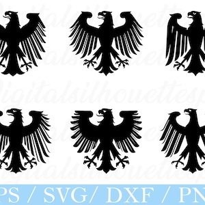 May include: A collection of six black eagle silhouettes with outstretched wings, talons, and detailed feathering. The eagles are displayed against a white background. The bottom of the image features the text "EPS / SVG / DXF / PNG".