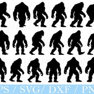 Puede incluir: Una colección de siluetas negras de Bigfoot en varias poses. La imagen presenta múltiples representaciones de la criatura legendaria, con texto en la parte inferior que indica los formatos de archivo: EPS, SVG, DXF y PNG.