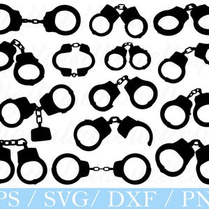 May include: A collection of black handcuff silhouettes in various orientations. Some are linked, others are open or closed. The image includes the text "EPS / SVG / DXF / PNG" in a blue banner at the bottom.