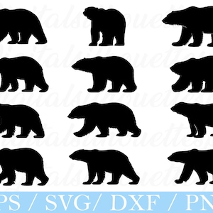 May include: Nine black polar bear silhouettes in different poses, including walking and standing. The image features the text "EPS / SVG / DXF / PNG" at the bottom. The bears are facing different directions.