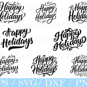 Peut inclure: Neuf motifs noirs "Joyeuses Fêtes" dans différentes polices cursives élégantes, ornés de volutes décoratives. Le texte "EPS / SVG / DXF / PNG" en bleu clair est affiché en bas. Idéal pour les projets festifs.