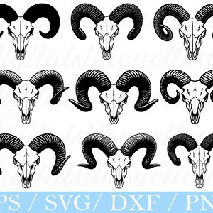 May include: Nine black and white ram skull illustrations with curved horns. The skulls are in various positions, all facing forward. The image includes the text "EPS / SVG / DXF / PNG" at the bottom in a light blue banner.