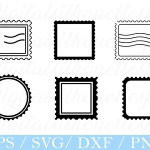 Può includere: Una collezione di sei modelli di francobolli in bianco e nero. I francobolli includono forme quadrate, rettangolari e circolari con bordi decorativi. Alcuni francobolli presentano semplici disegni a linea.