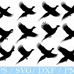 May include: A collection of black silhouette images of flying birds, likely pheasants, against a white background. The birds are depicted in various stages of flight, with wings spread and tails trailing. The bottom of the image has the text "EPS / SVG / DXF / PNG".