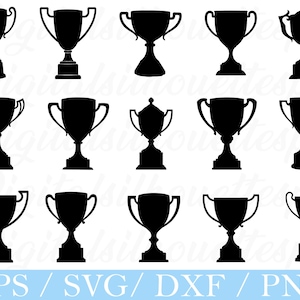 Op de afbeelding: Een verzameling zwarte trofee-silhouetten in diverse ontwerpen. De afbeelding toont trofeeën met verschillende bekervormen, voetstukken en handvatstijlen. De onderkant van de afbeelding bevat de tekst "EPS / SVG / DXF / PNG" in een lichtblauwe banner.