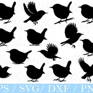 May include: A set of black bird silhouettes in different positions, such as perched, flying, and standing. The image features the text "EPS / SVG / DXF / PNG" at the bottom, indicating file formats for digital designs. The birds are presented in a minimalist style.