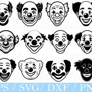 May include: A collection of twelve black and white clown face illustrations. Each face has a different hairstyle and expression, with exaggerated features like large noses and wide smiles. The bottom of the image includes the text "EPS / SVG / DXF / PNG".