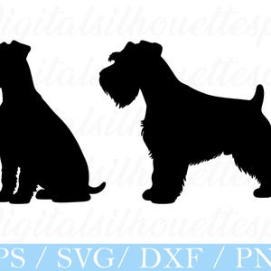 May include: Two black silhouette images of a Schnauzer dog. One is sitting, the other is standing. The image has the text "EPS / SVG / DXF / PNG" in a blue bar at the bottom.