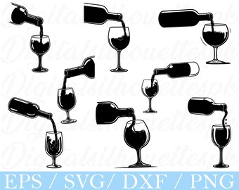 Silueta de botella de vino vertida: archivos SVG, PNG y DXF (descarga digital)