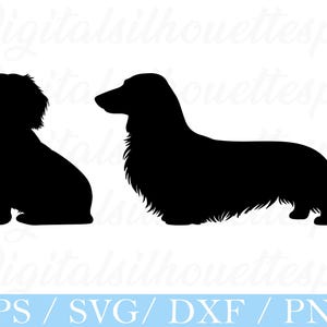 Könnte beinhalten: Schwarze Silhouette von zwei langhaarigen Dackel-Hunden. Einer sitzt, der andere liegt. Das Bild hat den Text "EPS / SVG / DXF / PNG" in einem blauen Banner unten.